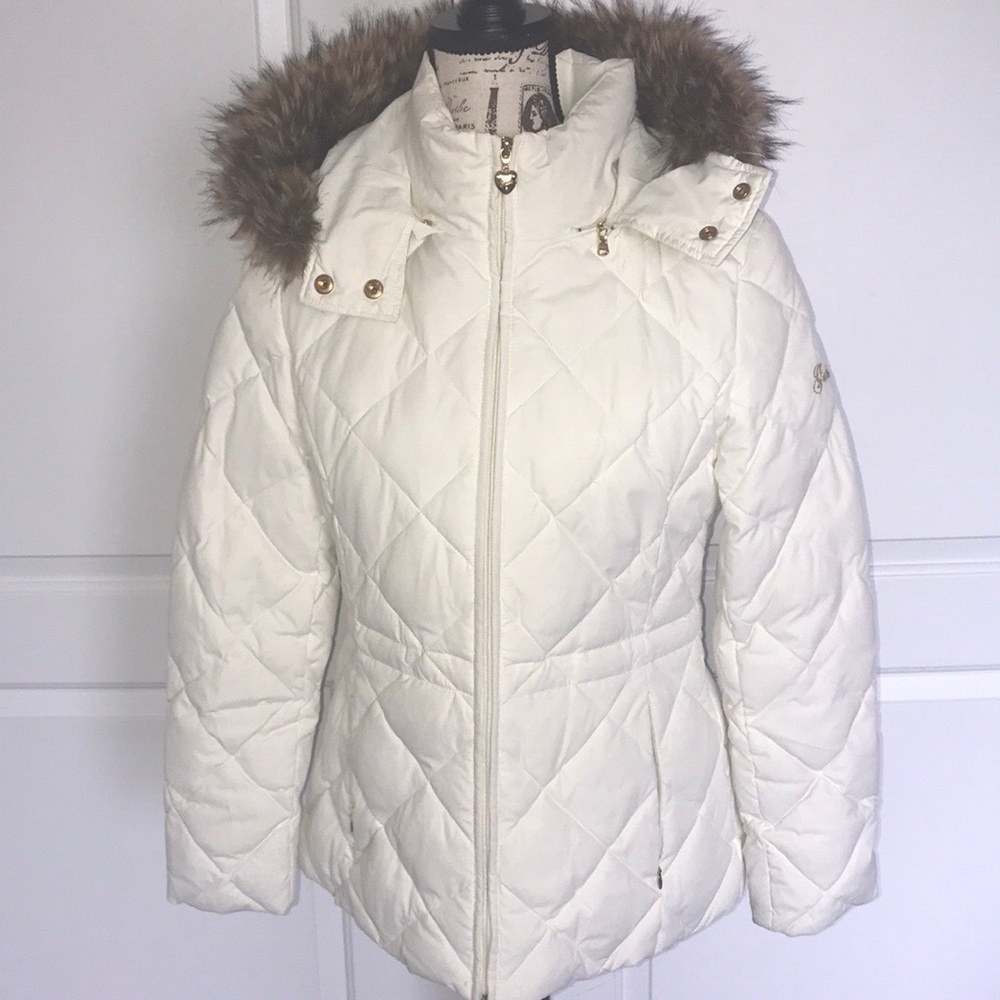 GUESS®️FAUX FUR TRIM HOODED PUFFER COAT